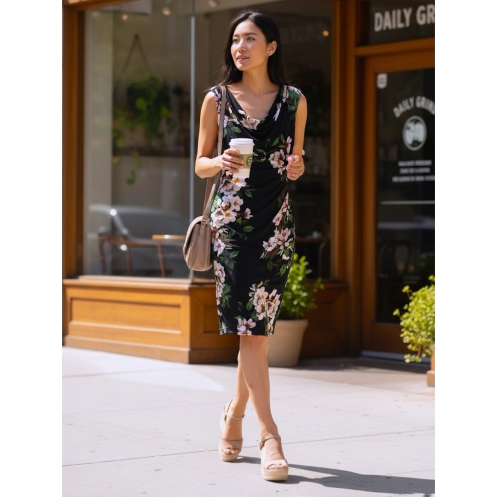 Lauren Ralph Lauren Floral Sheath Dress Womens 6 Black Pink Ruched Cowl Neck Mid